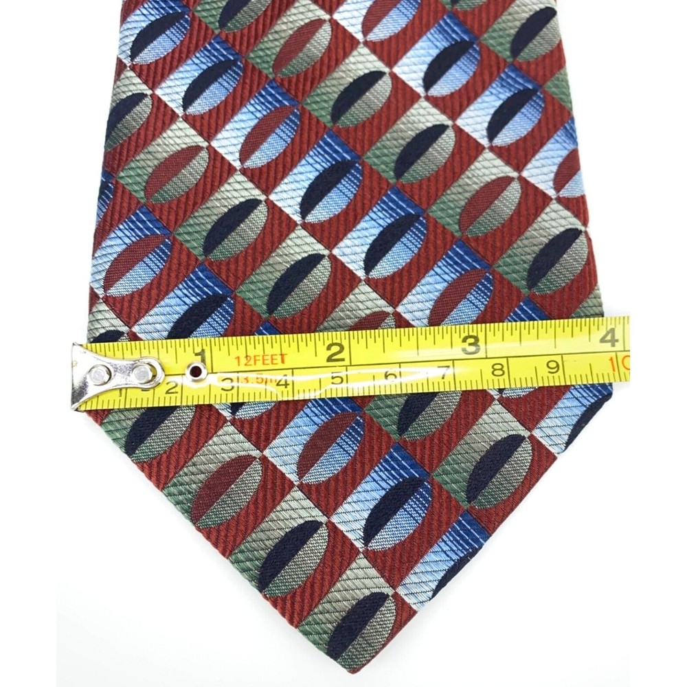 Jhane Barnes Men's Tie 100% Silk Auburn Red w/ Green Blue Geometric Necktie 60" - Picture 10 of 11